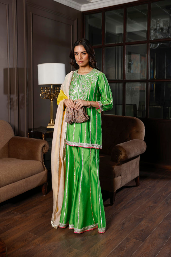 CHANDERI GOTA SHARARA SET (GREEN)