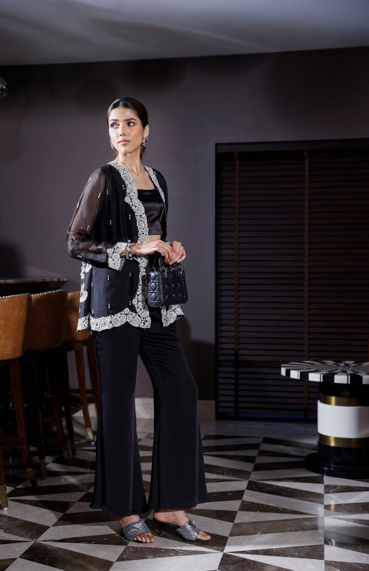 EMBELLISHED ORGANZA JACKET WITH FLARED PANTS