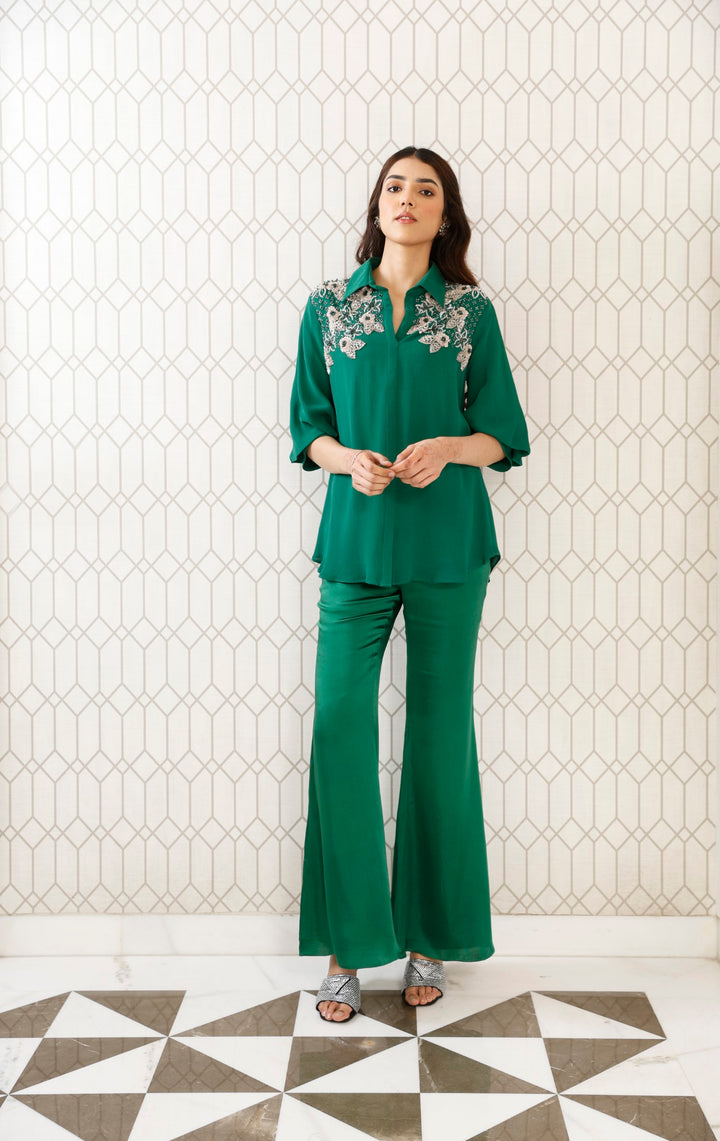 SEQUINS EMBROIDERED SHIRT WITH FLARED PANTS