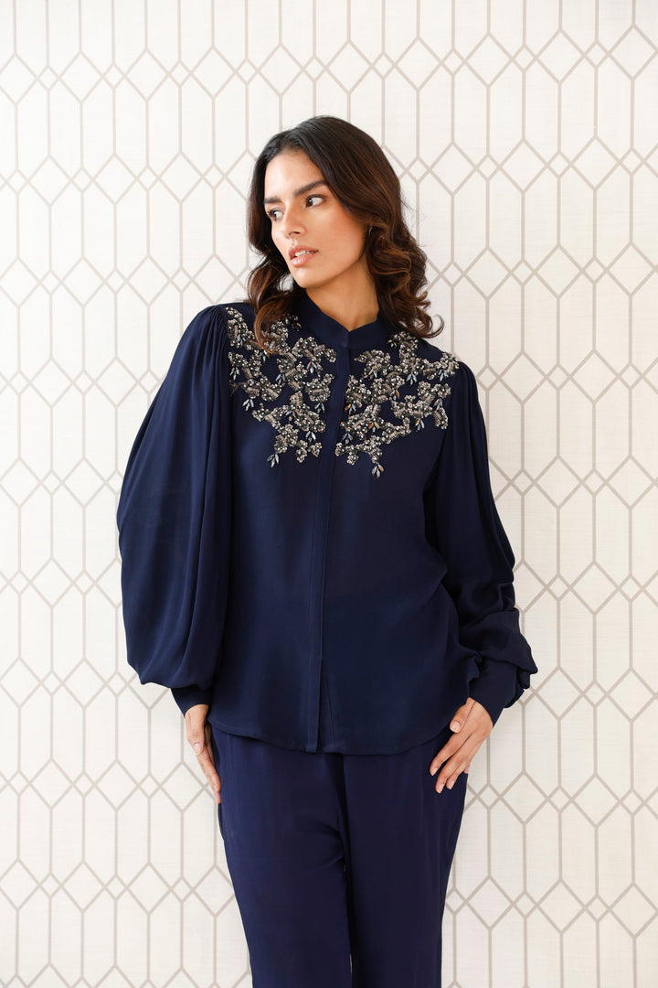 SEQUINS EMBROIDERED SHIRT WITH FLARED PANTS (BLUE)