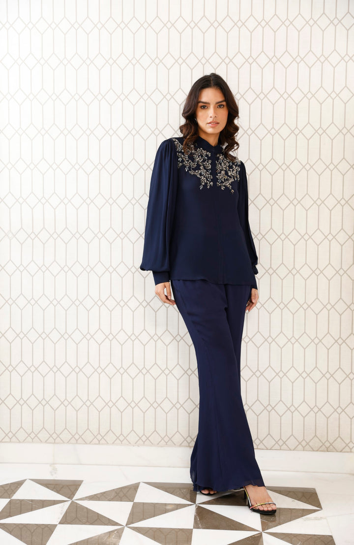 SEQUINS EMBROIDERED SHIRT WITH FLARED PANTS (BLUE)