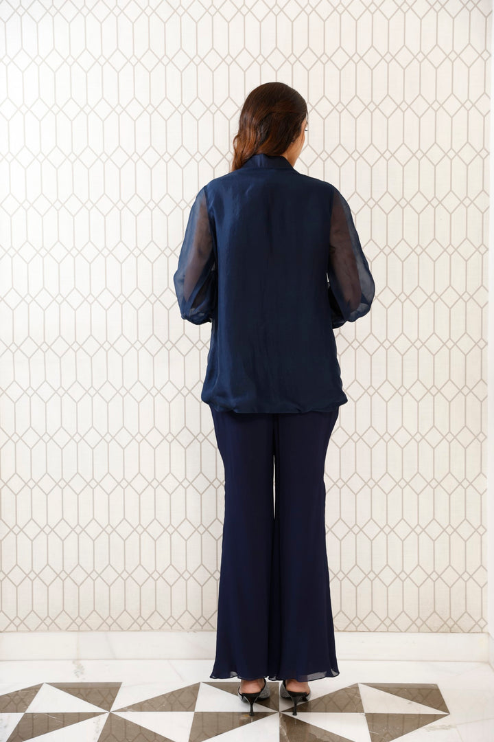 SEQUINS EMBROIDERED SHIRT WITH FLARED PANTS (BLUE)