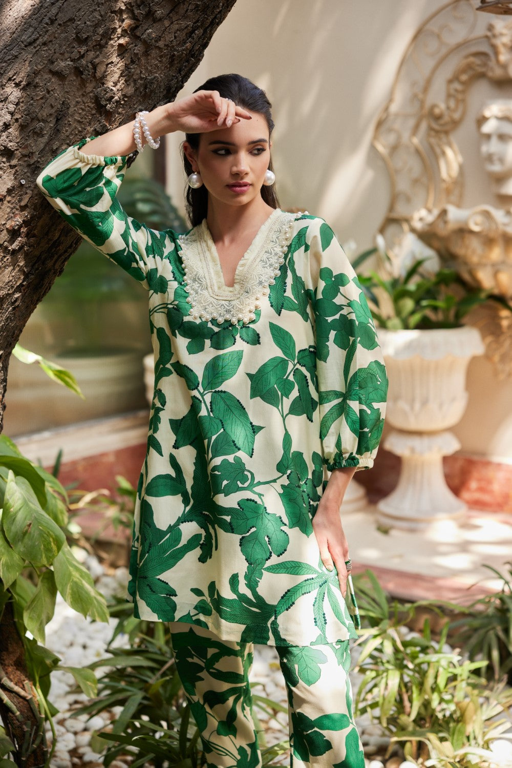 Green leaf printed kurta with straight pants